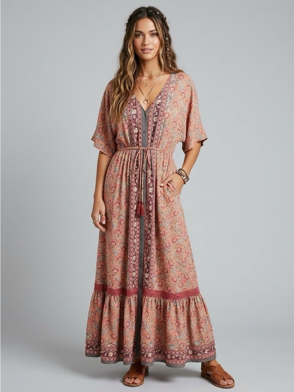 Anthropologie Boemo
Womens M Boho Floral Maxi Dress Prairie Cottage Hippie Core